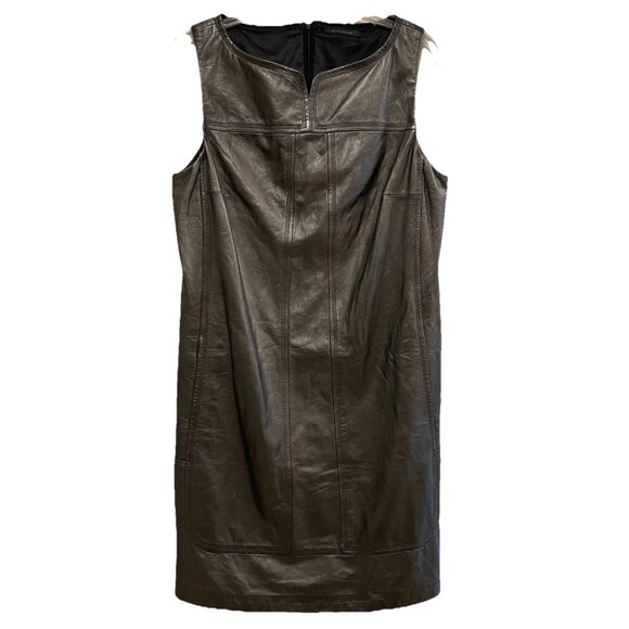ELIE TAHARI Asphalt Black Pocket Leather Split Neck Back Zip Shift Dress Sz 6/8 - Picture 1 of 10